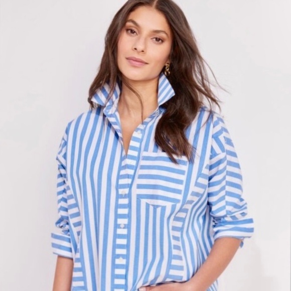 Vineyard Vines Oversized Button Down Shirt Blue White Stripe Long Sleeve Top 10 - Picture 2 of 14
